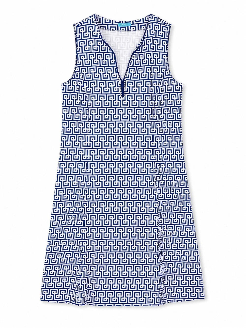 J. McLaughlin Blue White Geometric Sleeveless Shift Dress Size M V-Neck